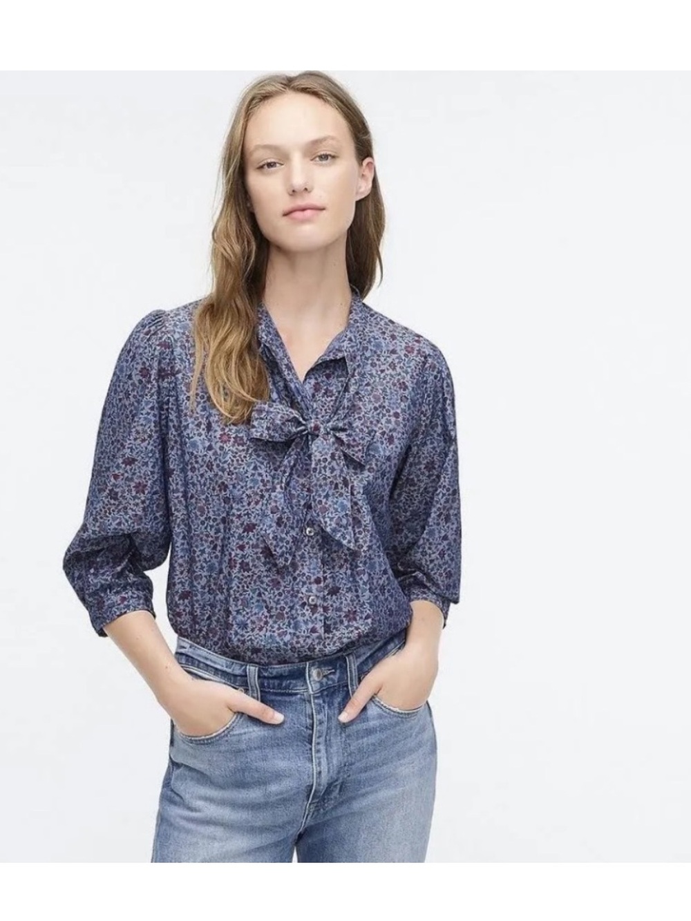 J Crew Tie Neck Blouse In Liberty Colombo Chambray
